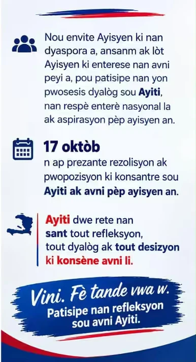 Affiche en créole : Vini. Fè tande vwa w., 17 oktòb, résolution et propositions