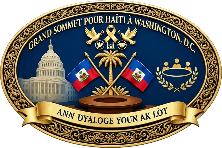 Emblème officiel du Grand Sommet pour Haïti à Washington, D.C. : le Capitole, deux drapeaux haïtiens, le palmier et la devise « Ann dyaloge youn ak lòt »